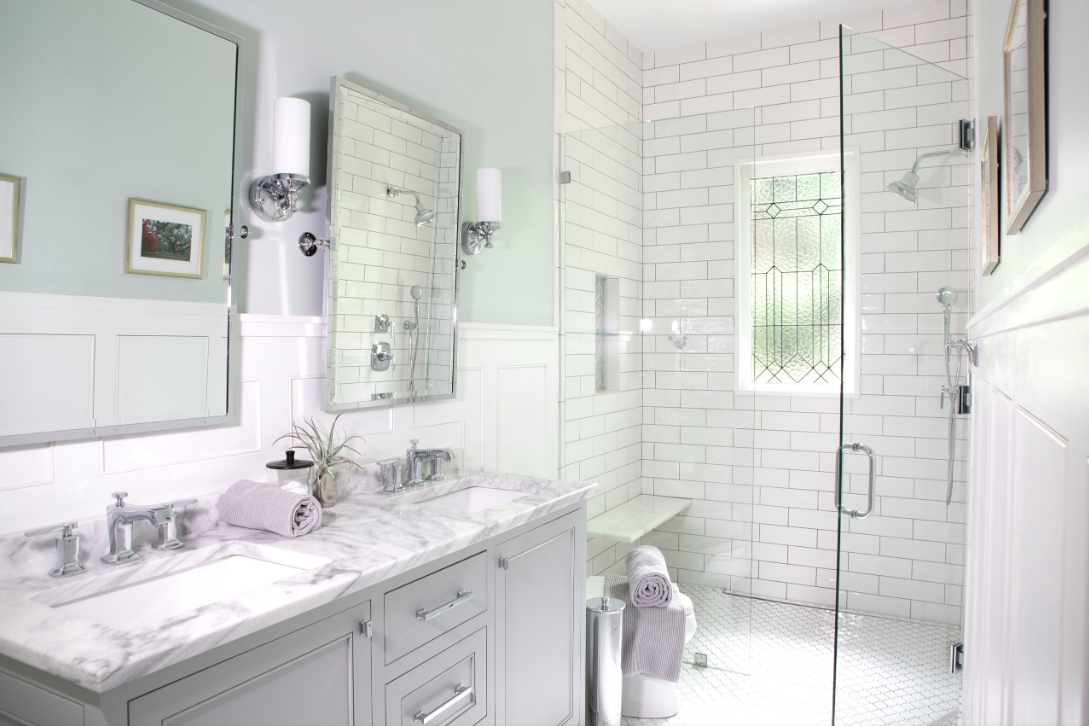 White bathroom remodel with storage